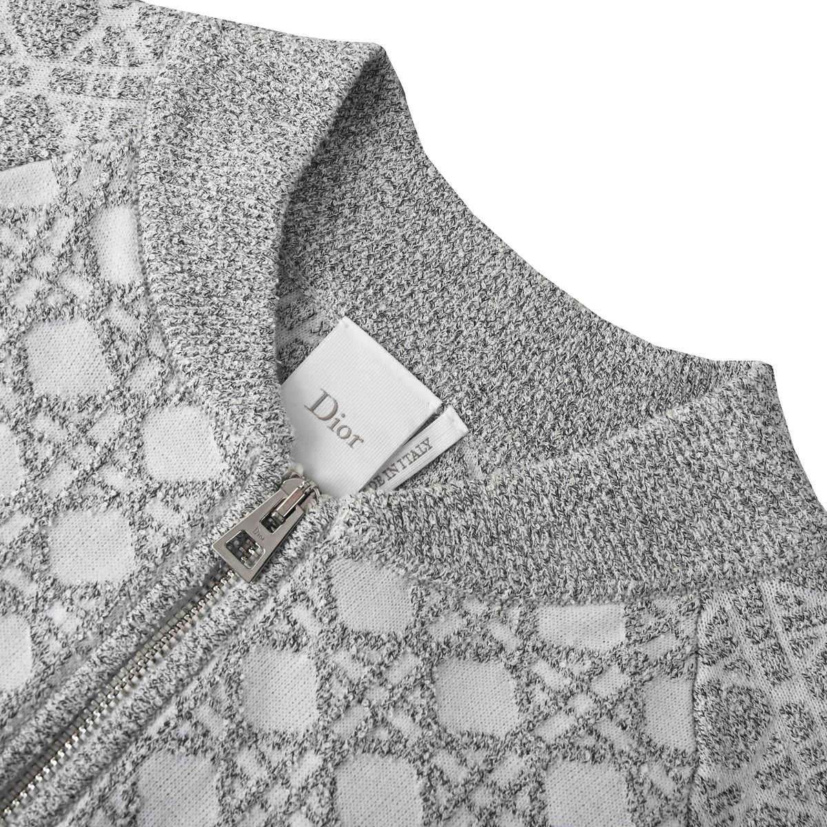 Christian Dior Grey and White Cannage Knit Zip-Up Jacket, Patterned Knitwear for Smart Casual Layering