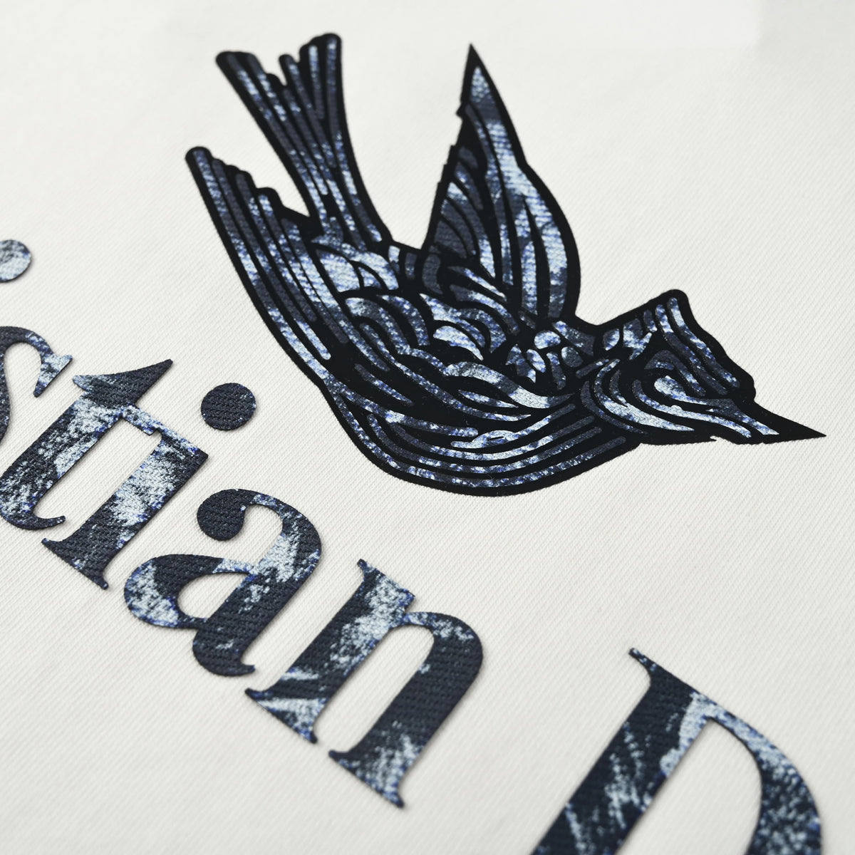 Christian Dior Flying Bird Motif T-Shirt, Ink Art Graphic and Lettering Print Short Sleeve Tee