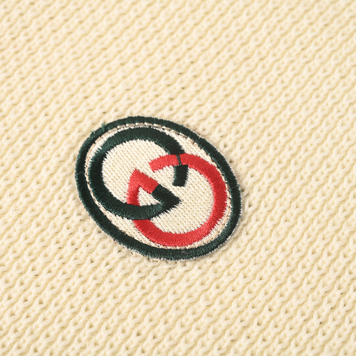 Gucci Ivory GG Embroidered Patch Striped Trim Cotton Knit Polo Shirt