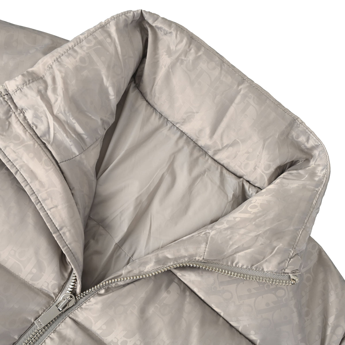 Christian Dior Silver Grey Monogram Down Jacket with Stand Collar, Winter Outerwear