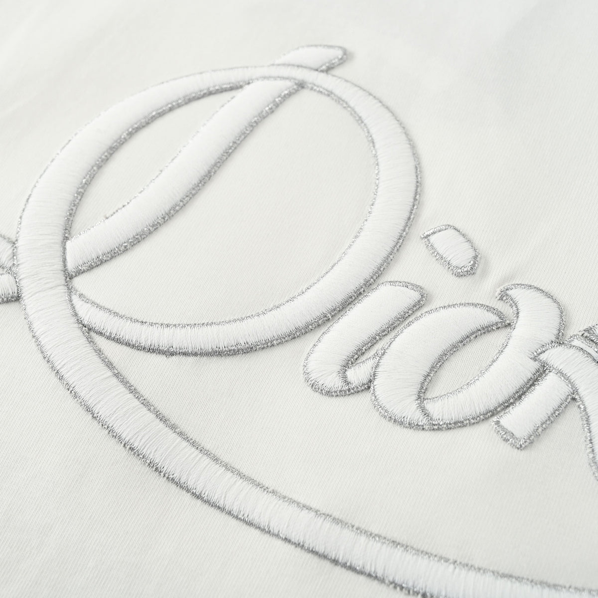 Christian Dior Silver-Thread Script Embroidered T-Shirt, Decorative Lettering Short Sleeve Tee