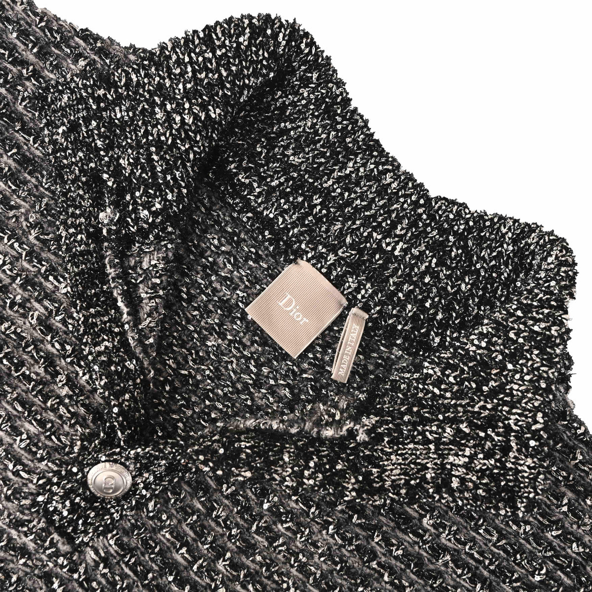 Christian Dior All-Over Sequin Wool Blend Tweed Knit Sweater, Textured Statement Knitwear