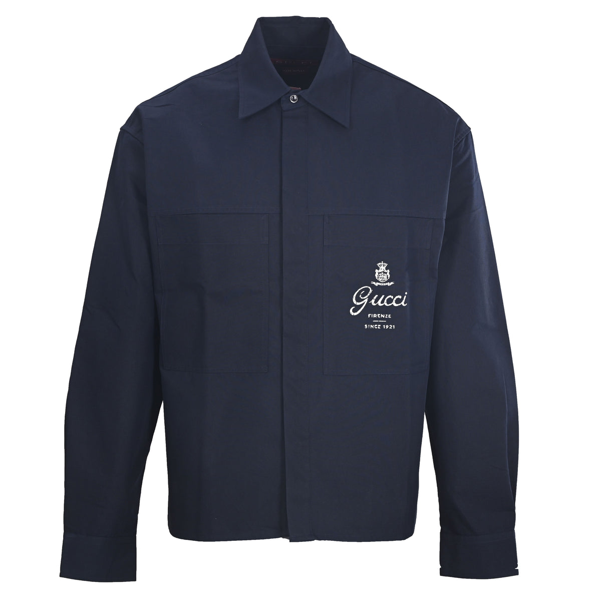Gucci Navy Firenze 1921 Logo Print Chest Pocket Long-Sleeve Shirt