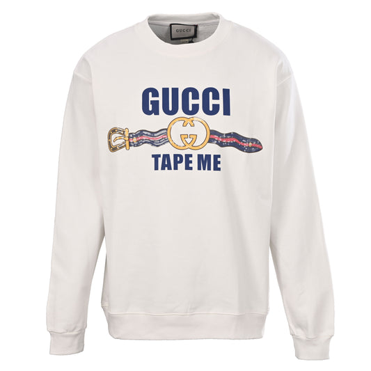 Gucci White Tape Me Sequin Belt Graphic Cotton Crewneck Sweatshirt
