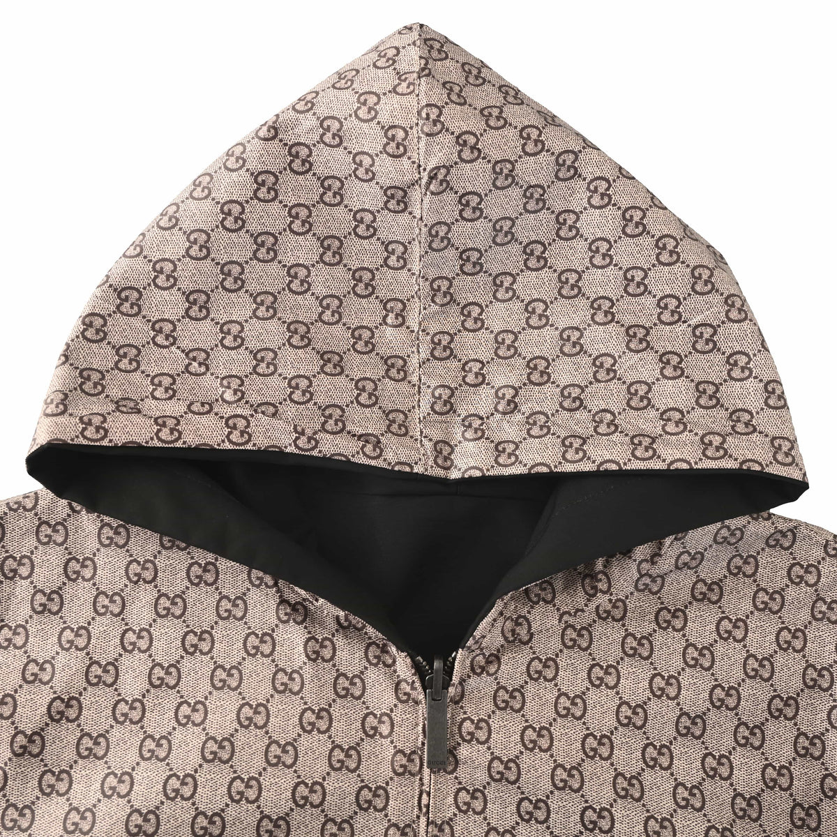 Gucci Black and Beige GG Monogram Reversible Hooded Zip-Up Jacket