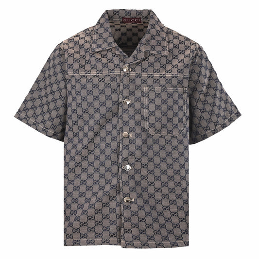 Gucci Grey GG Jacquard Short-Sleeve Denim Shirt