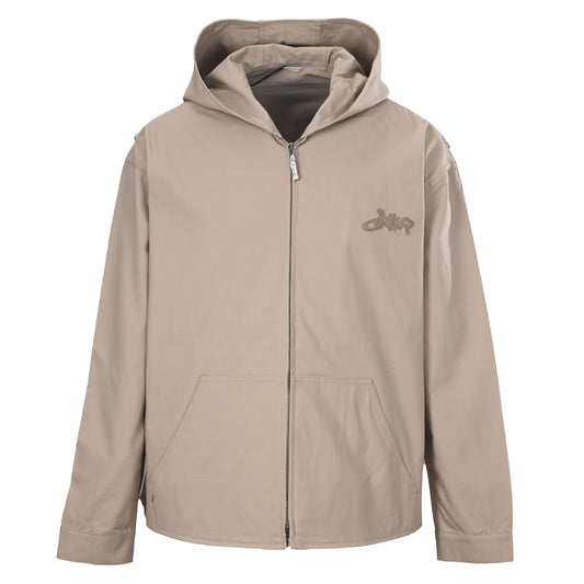 Christian Dior Collaboration Canvas Hooded Zip-Up Jacket, Embroidered Emblem Streetwear Outerwear