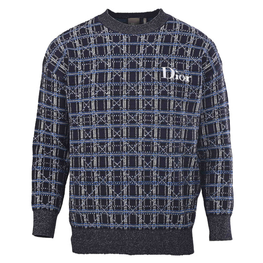 Christian Dior Starry Check Knit Sweater with Embroidered Detail and Crewneck Pullover Style