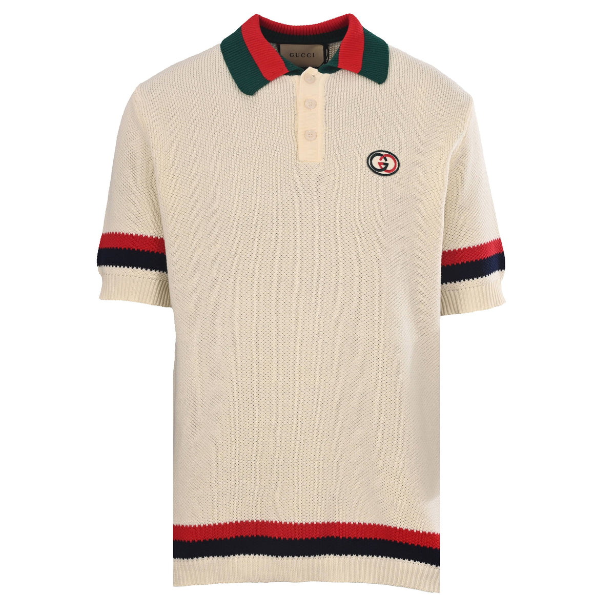 Gucci Ivory GG Embroidered Patch Striped Trim Cotton Knit Polo Shirt