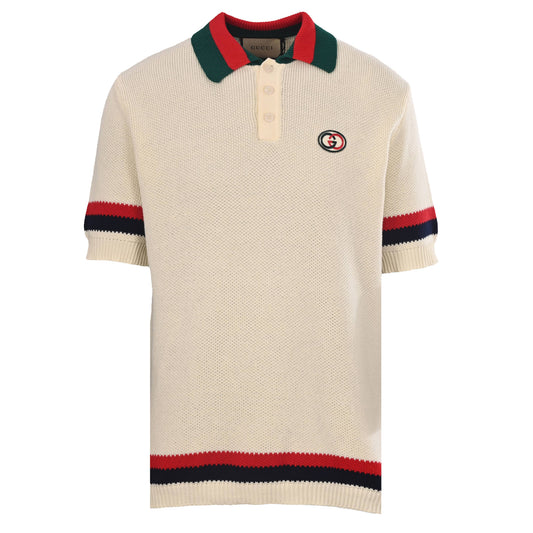 Gucci Ivory GG Embroidered Patch Striped Trim Cotton Knit Polo Shirt