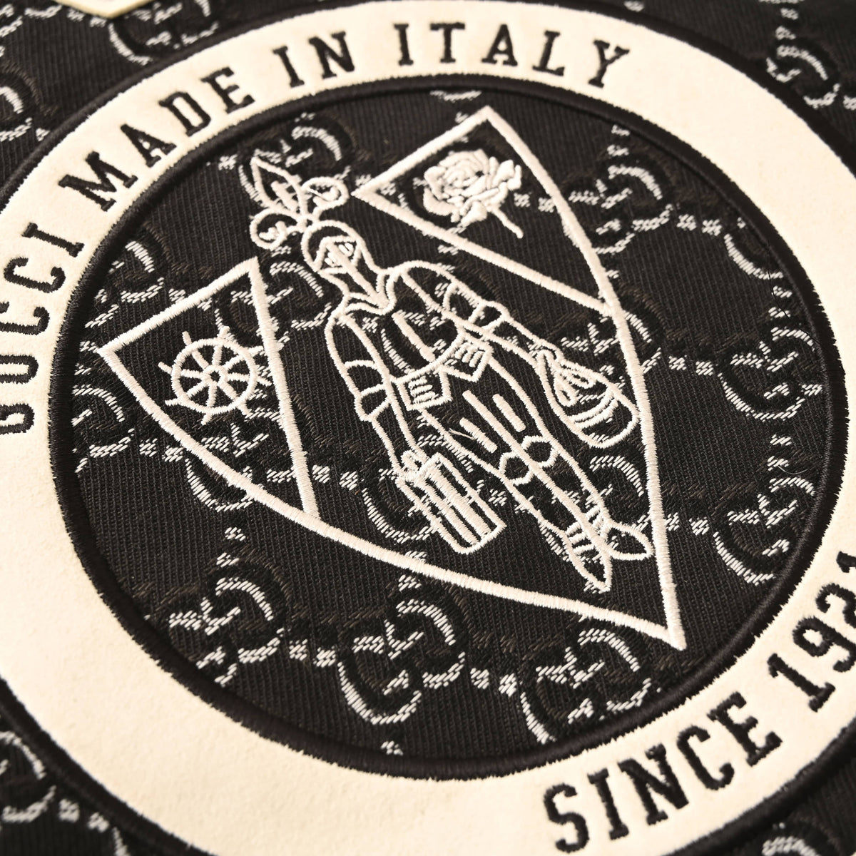Gucci Monogram Jacquard Varsity Jacket with Embroidered Back Emblem