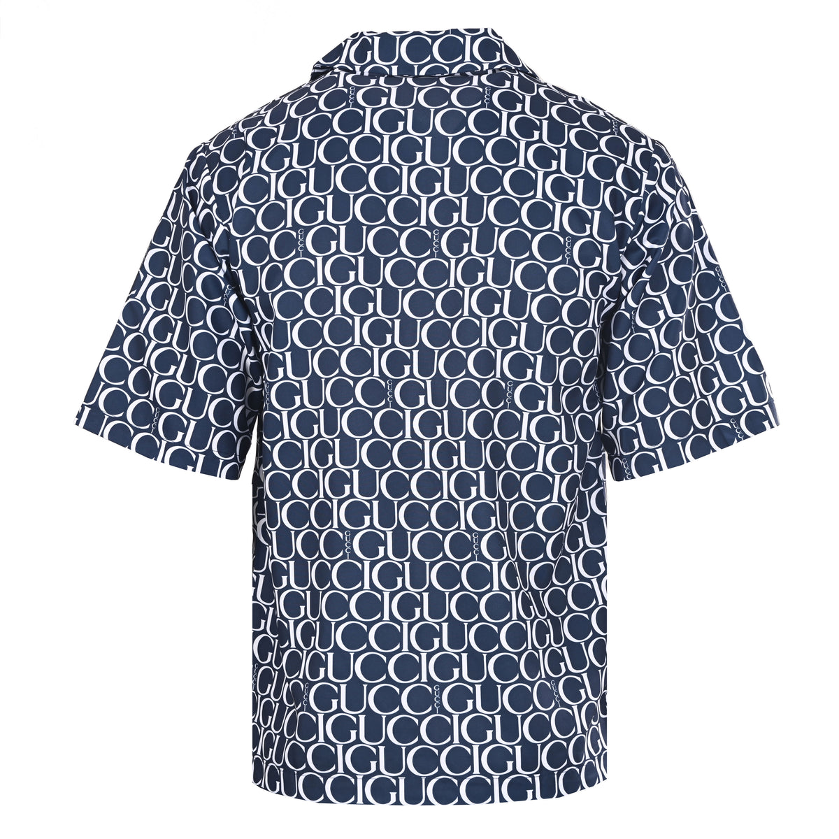 Gucci Navy All-Over Logo Print Short-Sleeve Camp Collar Shirt