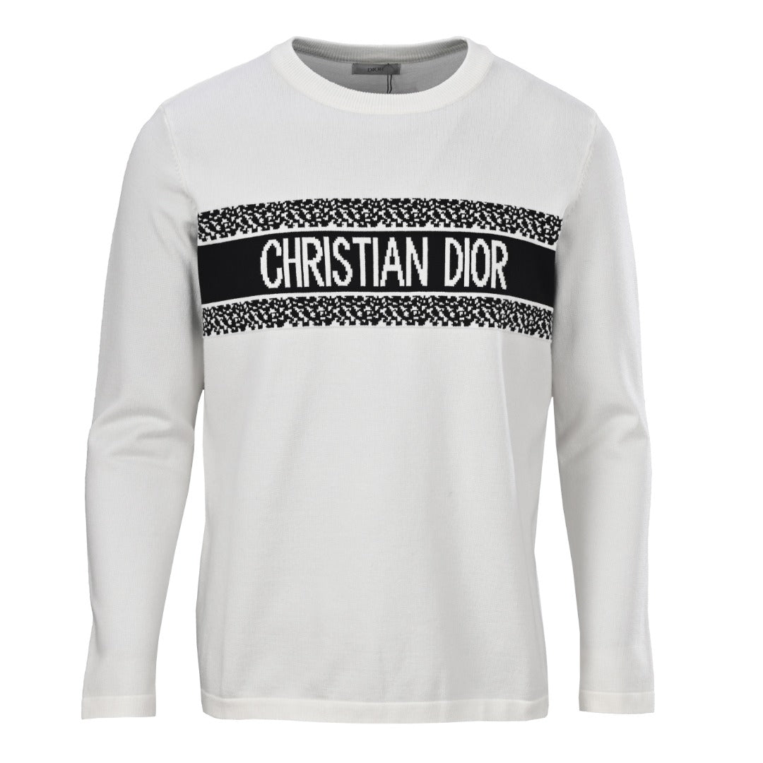 Christian Dior Chest Lettering Jacquard Crewneck Sweater, Knit Pullover for Smart Casual Layering