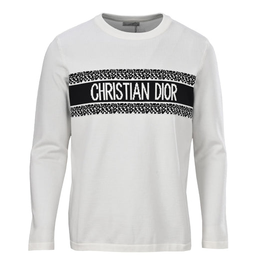 Christian Dior Chest Lettering Jacquard Crewneck Sweater, Knit Pullover for Smart Casual Layering
