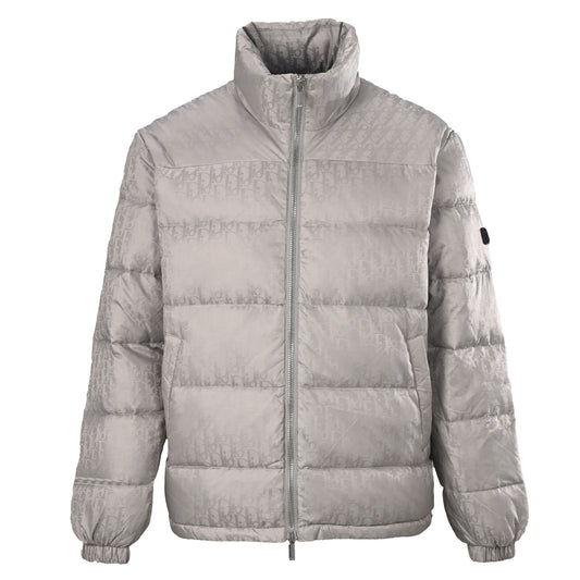 Christian Dior Silver Grey Monogram Down Jacket with Stand Collar, Winter Outerwear