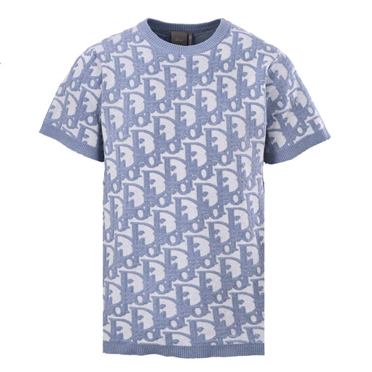 Christian Dior Oblique Blue All-Over Monogram Knit Short-Sleeve T-Shirt for Statement Casual Outfits