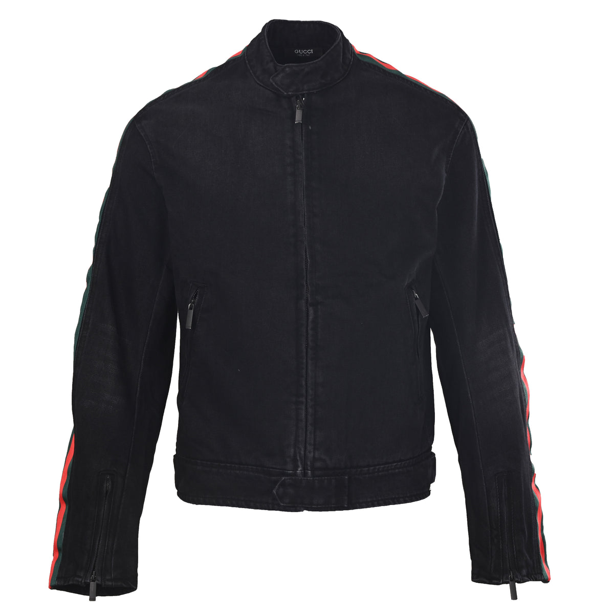 Gucci Unisex Stonewashed Denim Biker Jacket with Web Trim