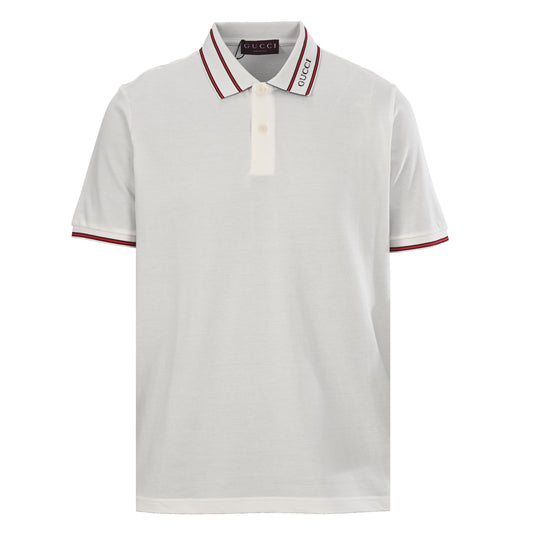 Gucci White Cotton Piqué Logo Collar Polo Shirt