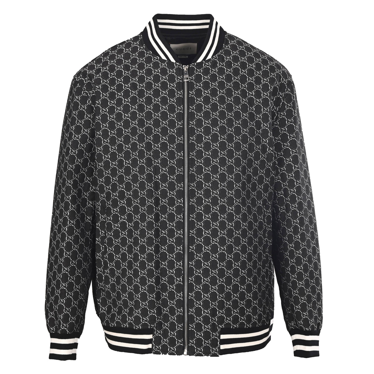 Gucci Monogram Jacquard Varsity Jacket with Embroidered Back Emblem