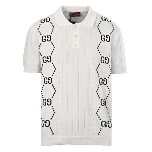 Gucci Ivory GG Intarsia Cable Knit Short-Sleeve Cotton Polo Shirt