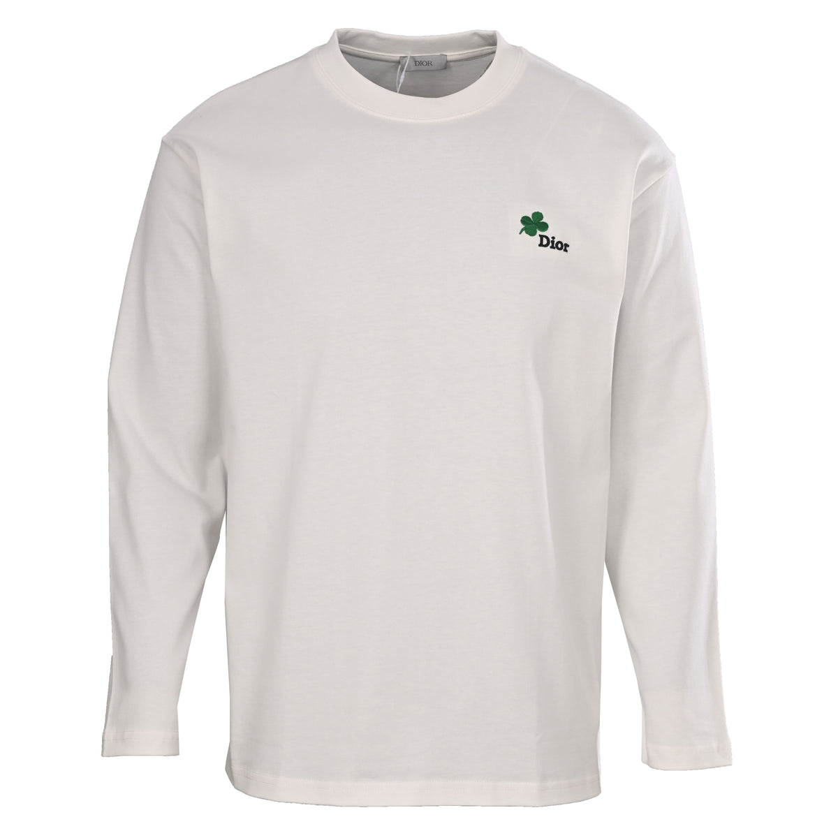 Christian Dior Lettering Long Sleeve T-Shirt with Four-Leaf Clover Embroidery, Casual Statement Tee