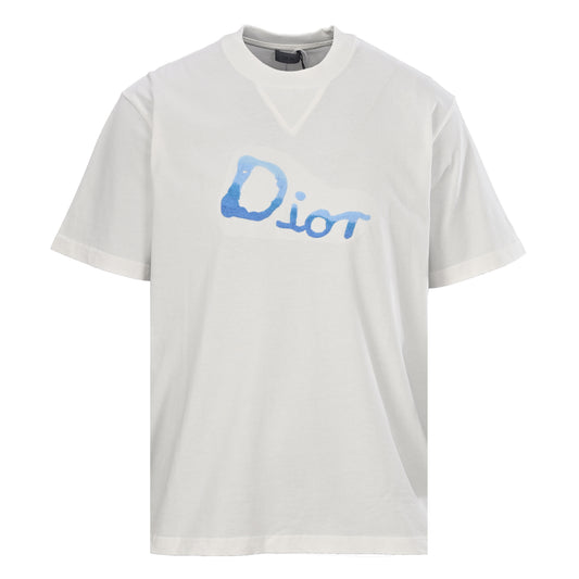 Christian Dior Blue Gradient Graffiti Embroidered T-Shirt with Front and Back Artwork for Statement Streetwear