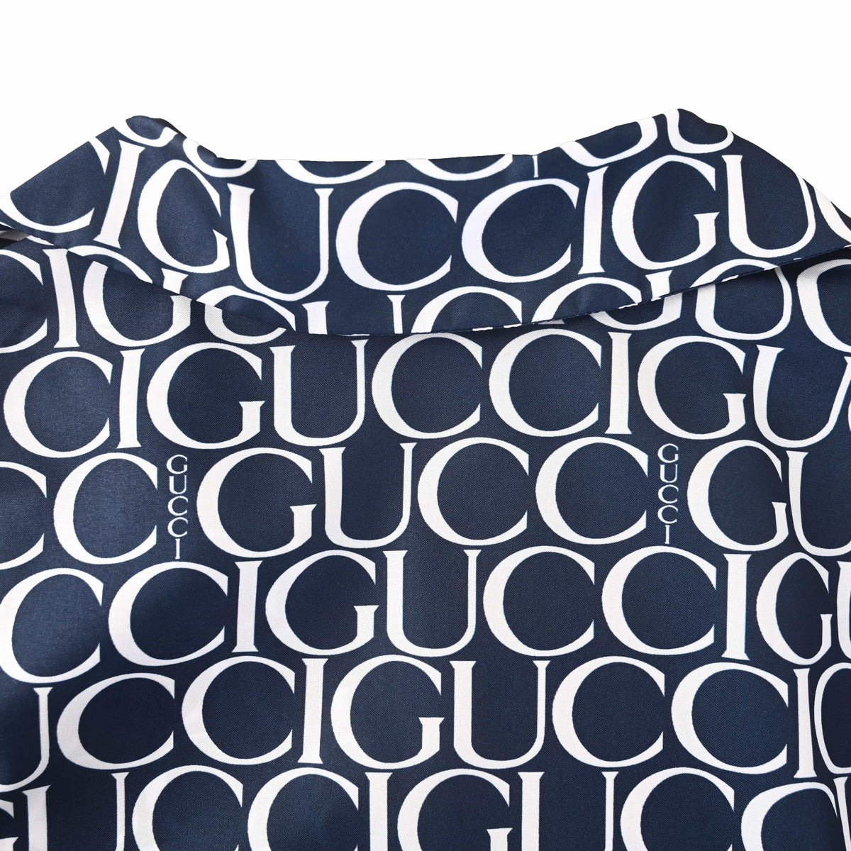 Gucci Navy All-Over Logo Print Short-Sleeve Camp Collar Shirt