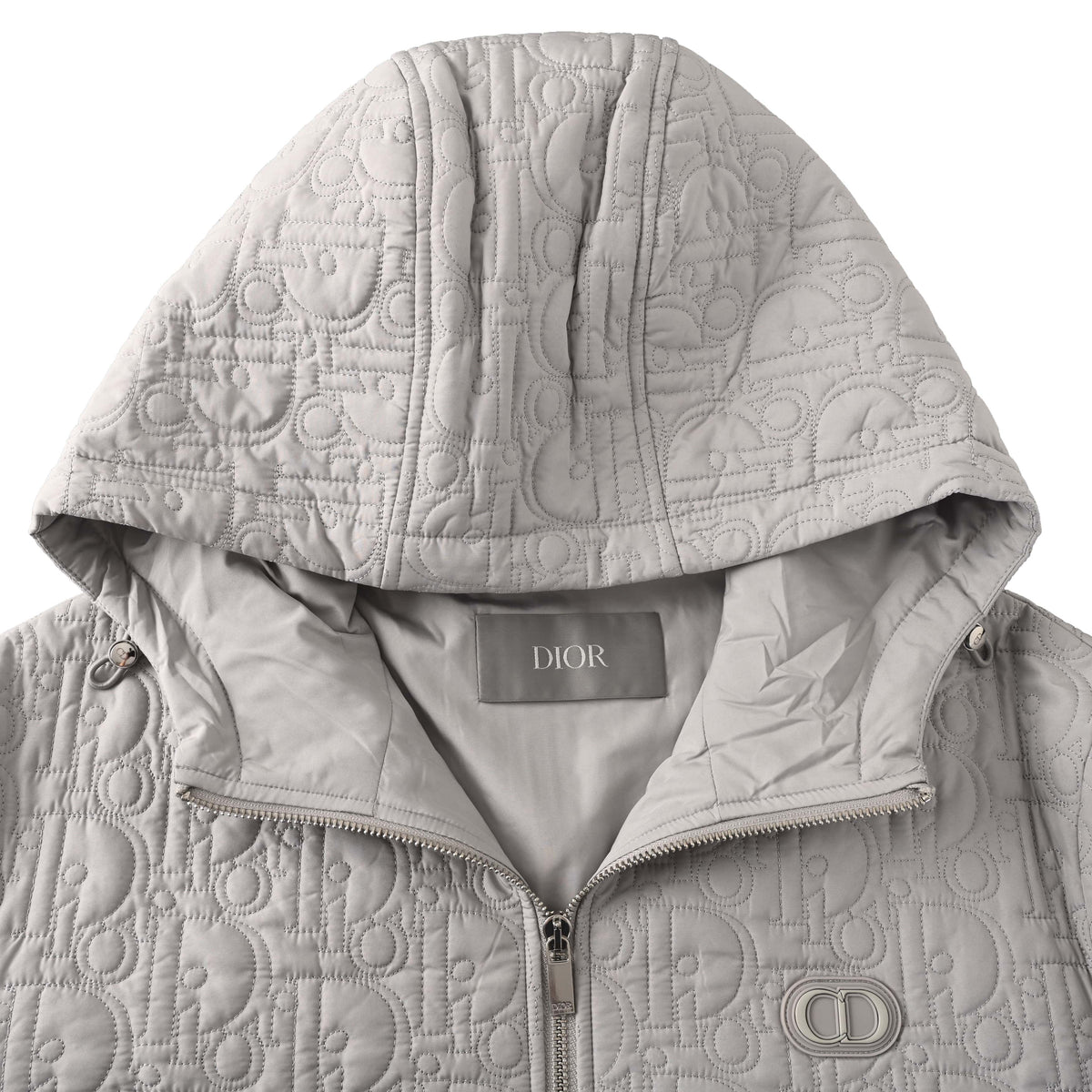 Christian Dior CD Chest Detail Quilted Zip-Up Jacket, Embossed Hooded Outerwear for Casual Streetwear
