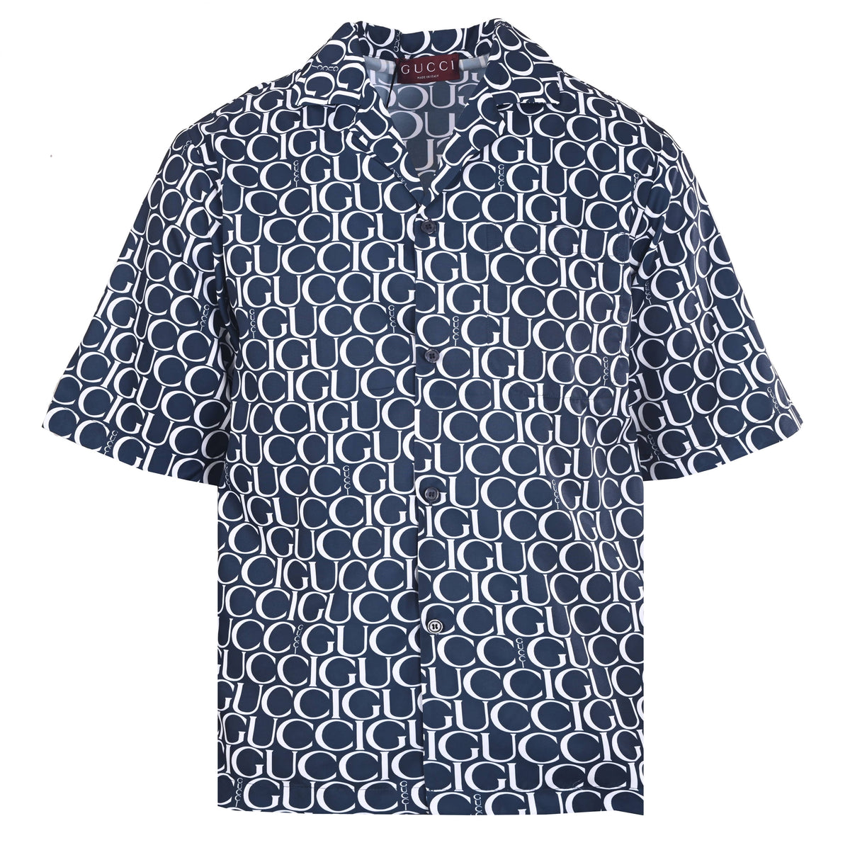 Gucci Navy All-Over Logo Print Short-Sleeve Camp Collar Shirt