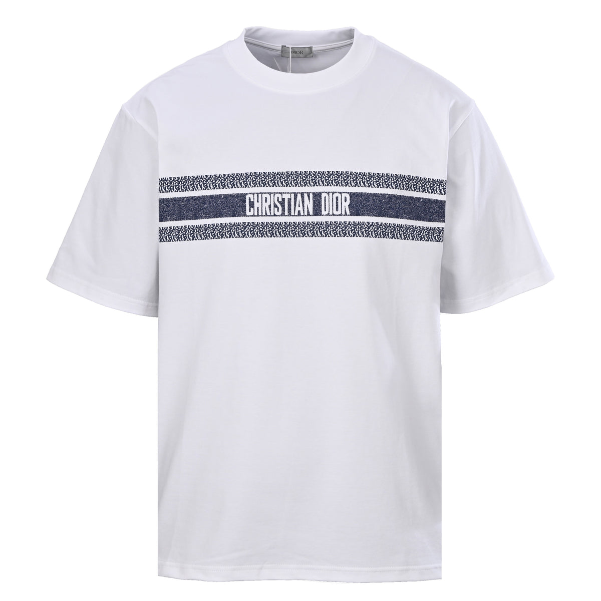 Christian Dior Blue Stripe Lettering Print T-Shirt, Short Sleeve Graphic Tee for Casual Summer Outfits