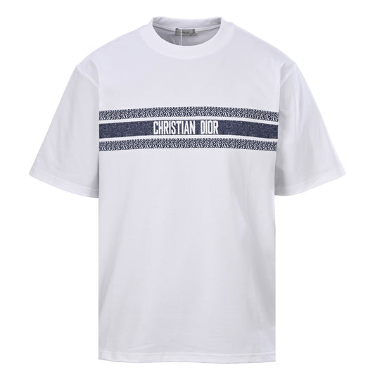 Christian Dior Blue Stripe Lettering Print T-Shirt, Short Sleeve Graphic Tee for Casual Summer Outfits