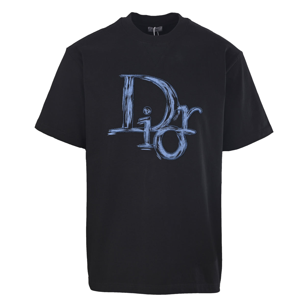 Christian Dior Dusty Blue Hand-Drawn Graffiti Embroidery T-Shirt with Short Sleeves for Art-Inspired Casual Outfits