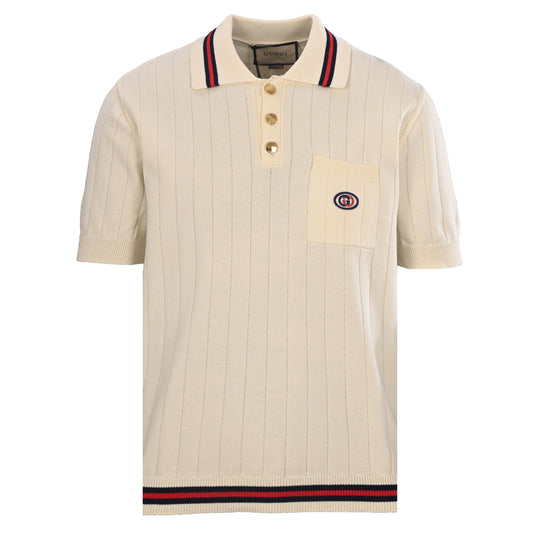 Gucci Ivory GG Pocket Striped Trim Cotton Knit Polo Shirt