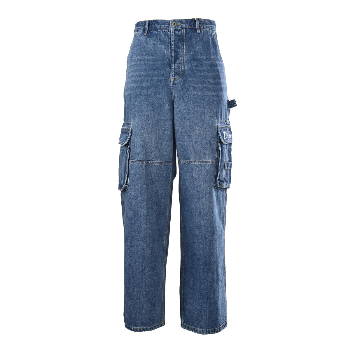 Christian Dior Workwear-Inspired Denim Jeans with Embroidered Pocket Detail and Full-Length Design