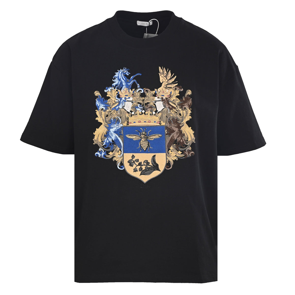 Christian Dior Bee and Crown Embroidered T-Shirt, Intricate Motif Short Sleeve Casual Tee