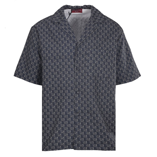 Gucci Grey GG Shadow Print Silk Twill Short-Sleeve Camp Collar Shirt