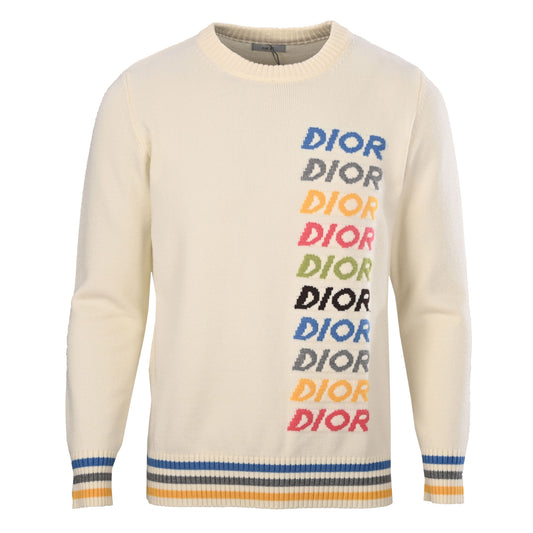 Christian Dior Rainbow Letter Logo Jacquard Sweater with Stripes and Crew Neck