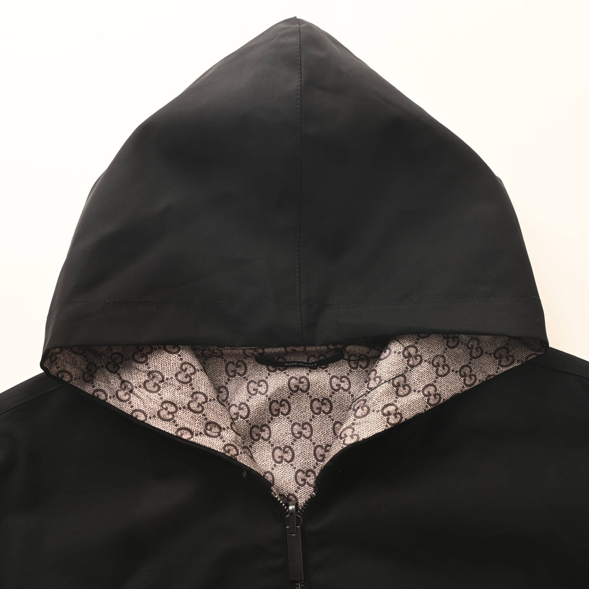 Gucci Black and Beige GG Monogram Reversible Hooded Zip-Up Jacket