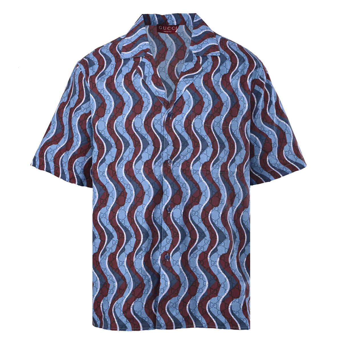 Gucci Blue GG Wave Stripe Short-Sleeve Camp Collar Shirt