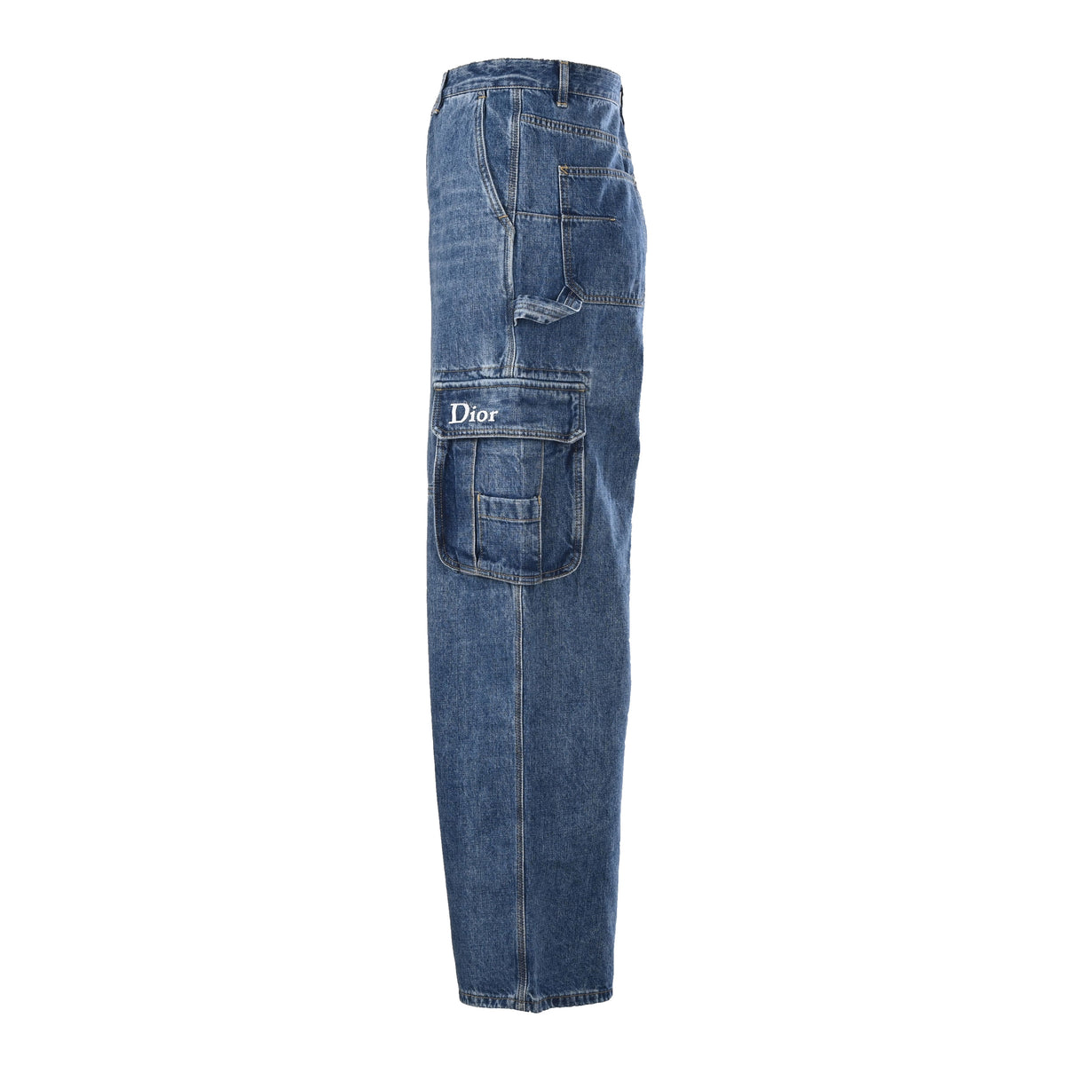 Christian Dior Workwear-Inspired Denim Jeans with Embroidered Pocket Detail and Full-Length Design