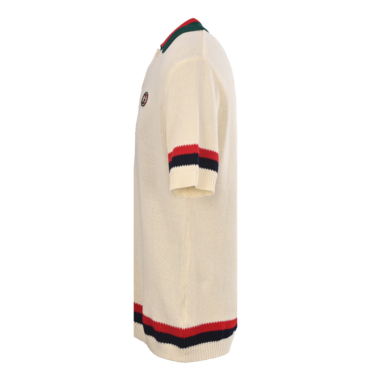 Gucci Ivory GG Embroidered Patch Striped Trim Cotton Knit Polo Shirt