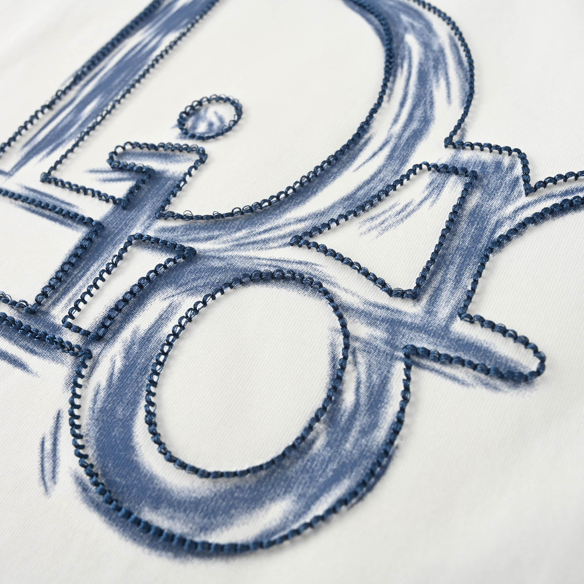 Christian Dior Dusty Blue Graffiti Embroidered T-Shirt with Hand-Drawn-Style Artwork and Short Sleeves for Streetwear