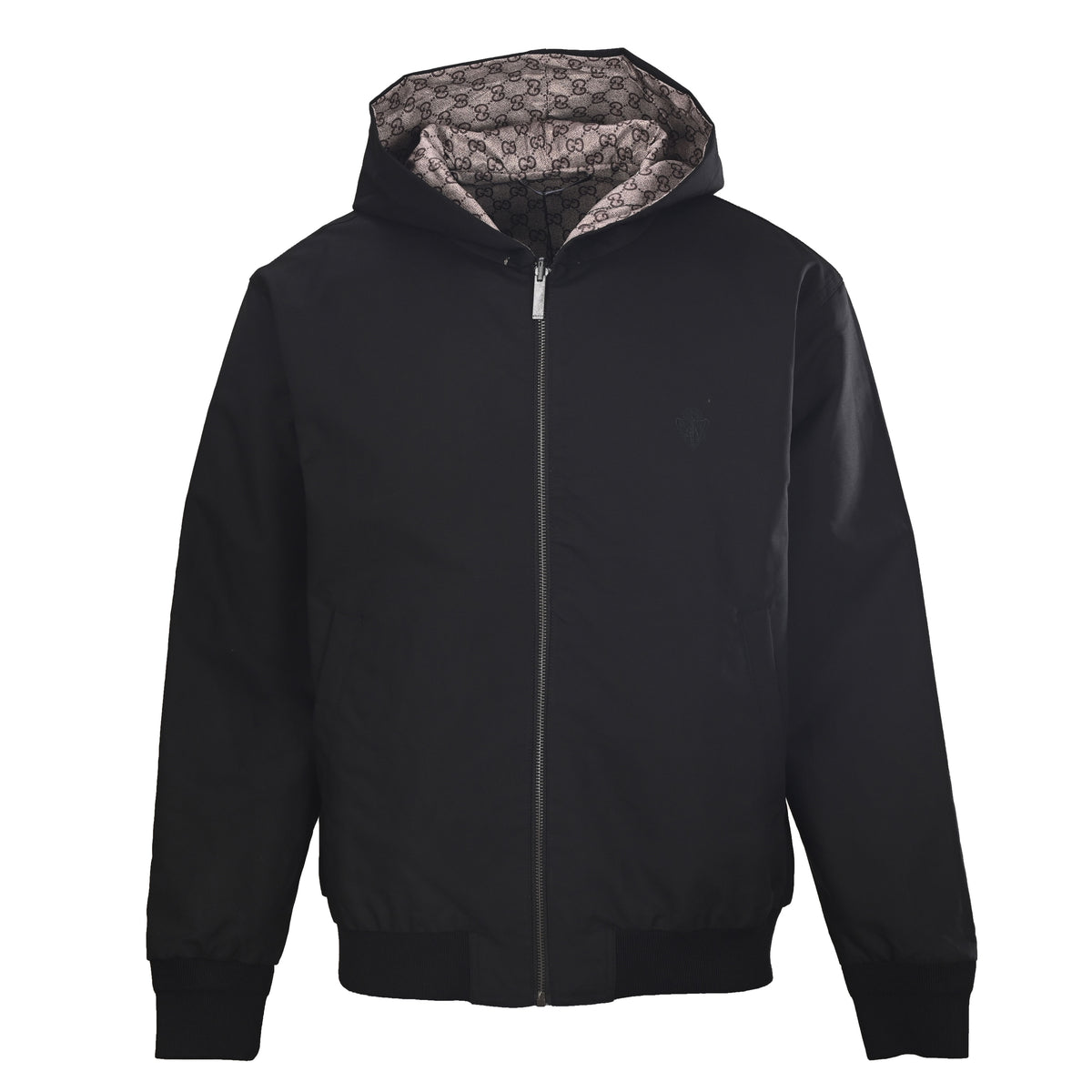Gucci Black and Beige GG Monogram Reversible Hooded Zip-Up Jacket