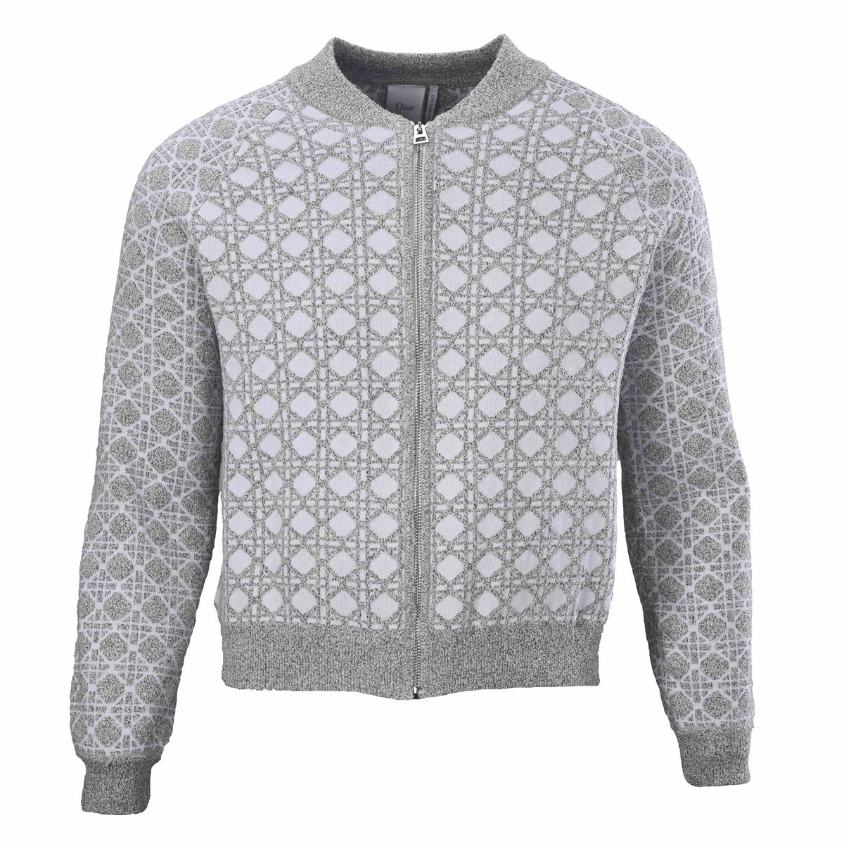 Christian Dior Grey and White Cannage Knit Zip-Up Jacket, Patterned Knitwear for Smart Casual Layering