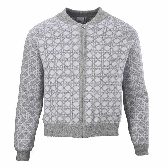 Christian Dior Grey and White Cannage Knit Zip-Up Jacket, Patterned Knitwear for Smart Casual Layering