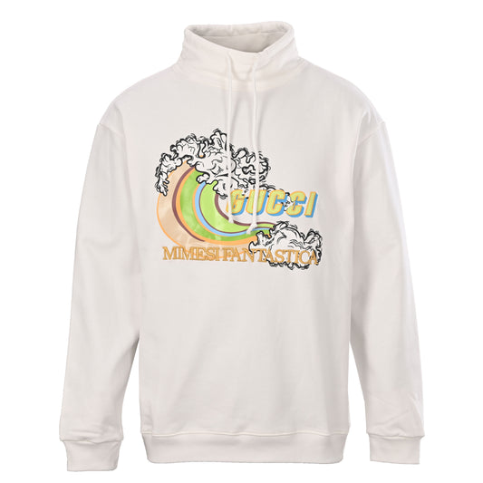 Gucci White Wave Graphic Embroidered Logo Cotton Hoodie