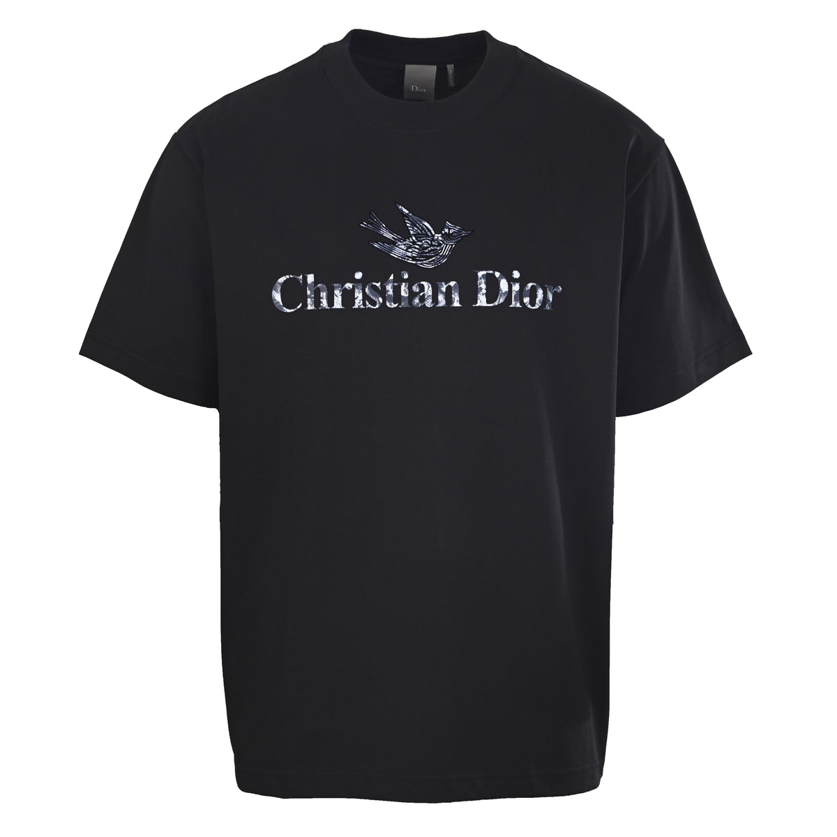 Christian Dior Ink-Wash Flying Bird Graphic T-Shirt with Lettering and Short Sleeves for Art-Inspired Streetwear