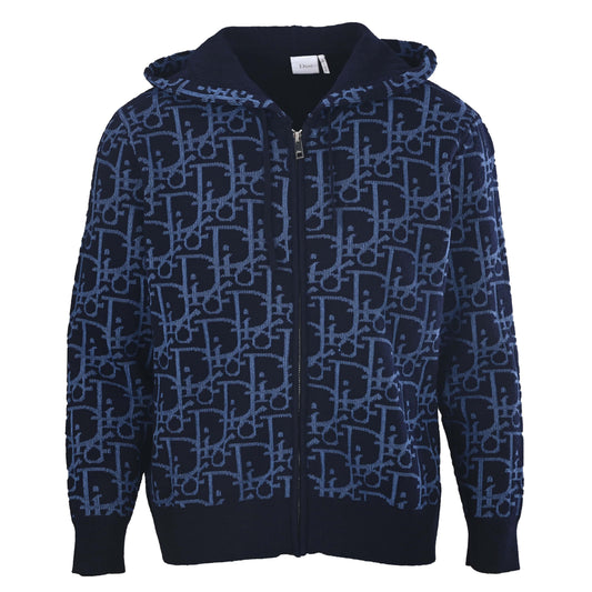 Christian Dior Zip-Up Knit Hooded Jacket with All-Over Jacquard Pattern
