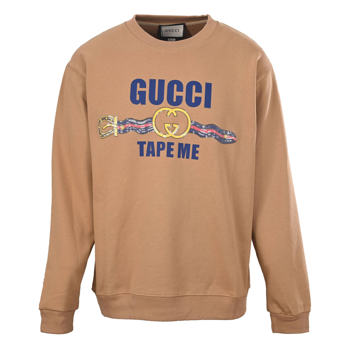 Gucci Camel Tape Me Sequin Belt Graphic Cotton Crewneck Sweatshirt
