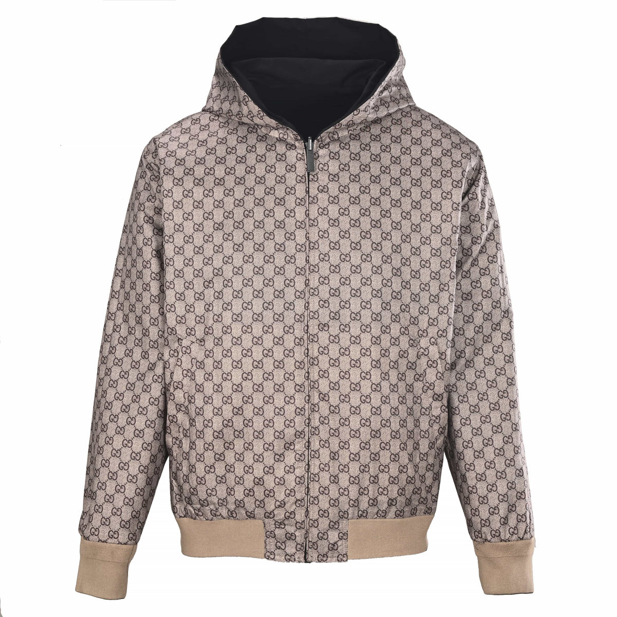 Gucci Black and Beige GG Monogram Reversible Hooded Zip-Up Jacket